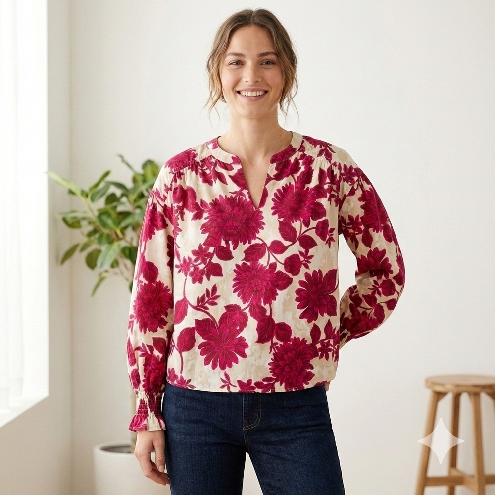 Cupio Red Cream Floral Blouse